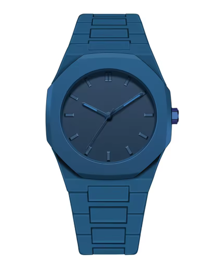 Reloj minimalista azul con correa a eslabones y esfera azul con manecillas