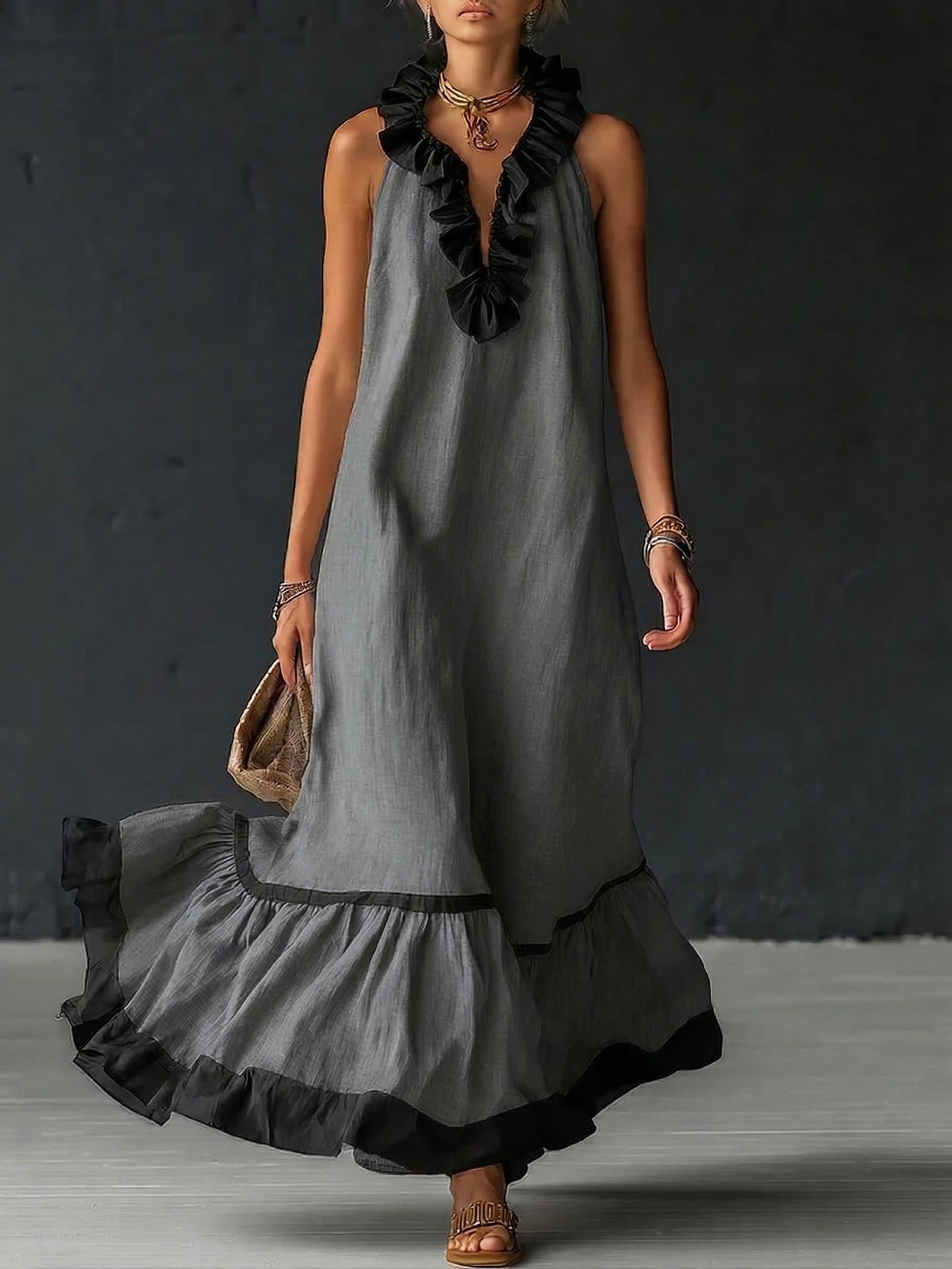Vestido largo, elegante con volantes