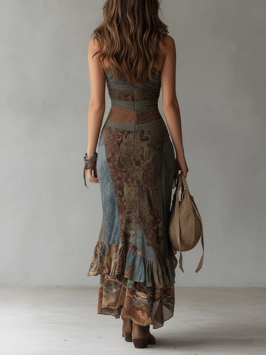 Elena - Robe longue asymétrique à imprimé ethnique