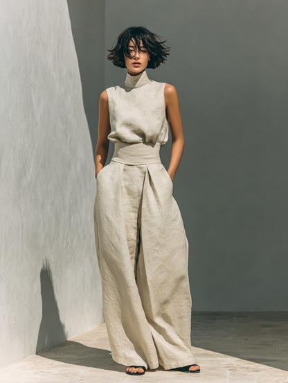 Asia - Conjunto minimalista de tirantes y pantalones anchos de algodón y lino