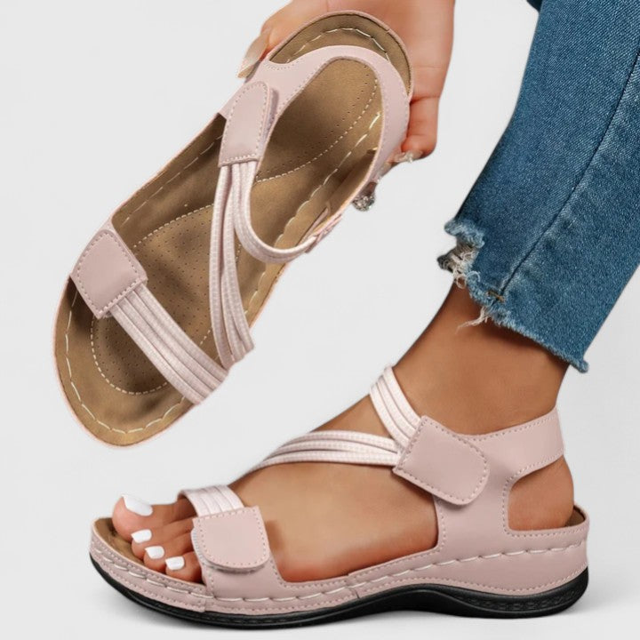 Sandalias ortopédicas elegantes rosas con tiras ajustables, puntera abierta y suela acolchada