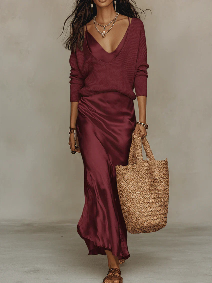 Elena - Robe midi satinée avec pull inclus