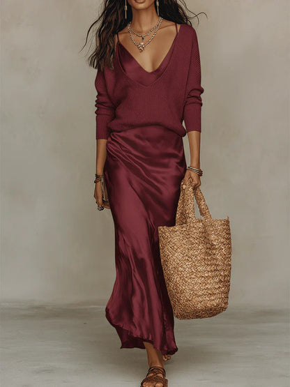 Elena - Robe midi satinée avec pull inclus