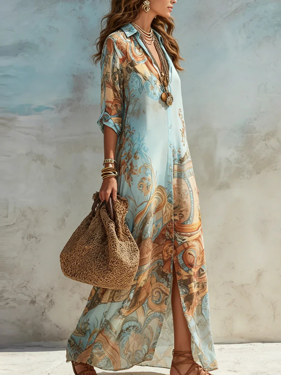Vestido largo azul con estampado barroco multicolor y abertura lateral