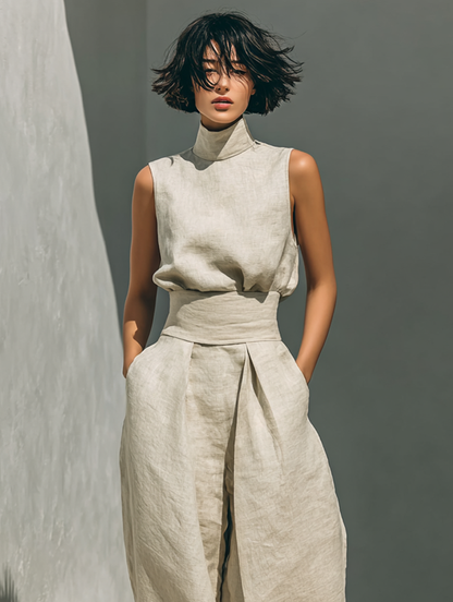 Asia - Conjunto minimalista de tirantes y pantalones anchos de algodón y lino