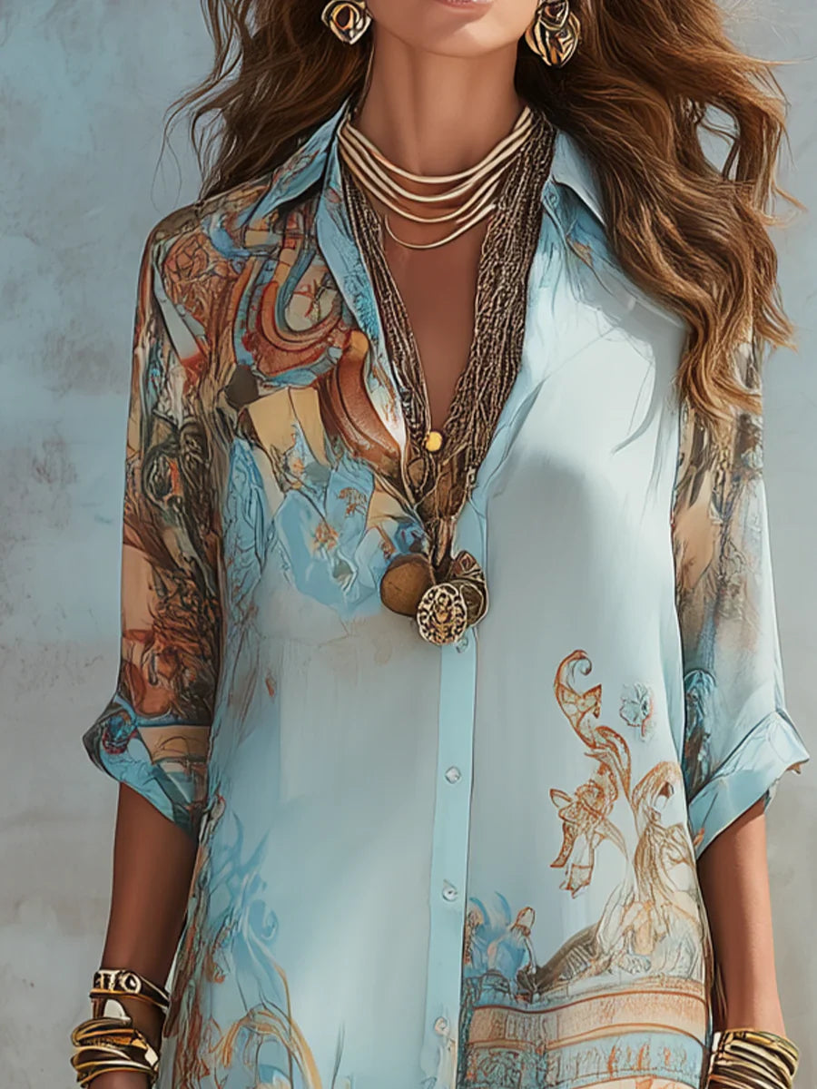 Vestido azul con escote en V y botones, estampado oriental en el frente