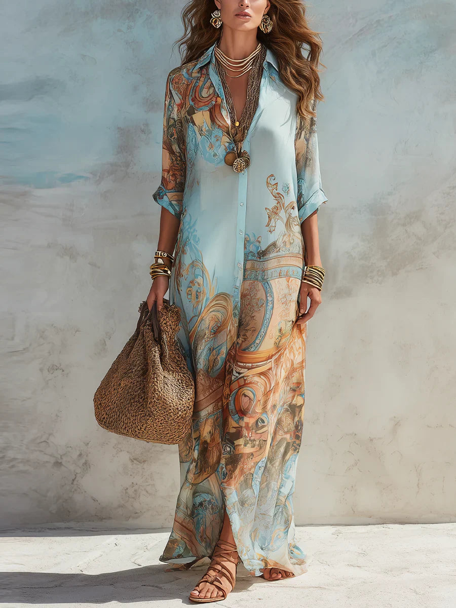 Vestido largo azul con estampado barroco, escote en V y botones delanteros