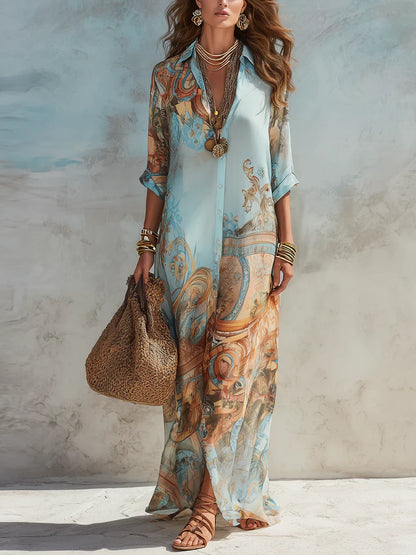 Vestido largo azul con estampado barroco, escote en V y botones delanteros