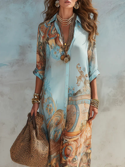 Vestido azul con estampado barroco multicolor, escote en V y botones
