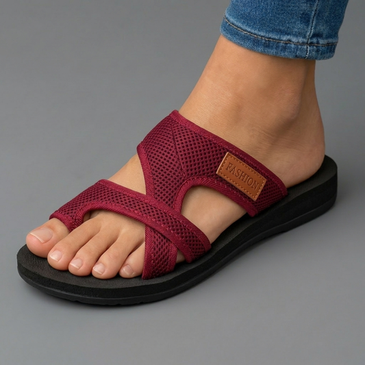 Sandalias ortopédicas cómodas granate con tira cruzada y suela negra