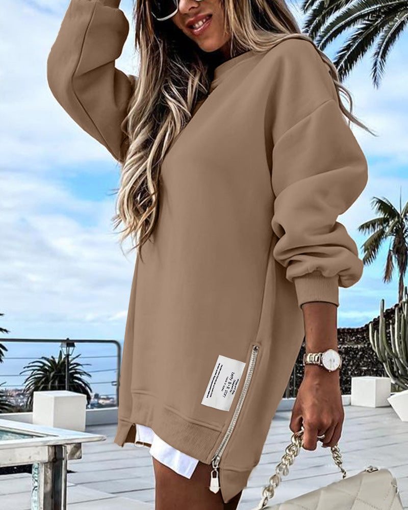 Rebeca - Robe pull décontractée à manches longues, fermeture éclair et fente