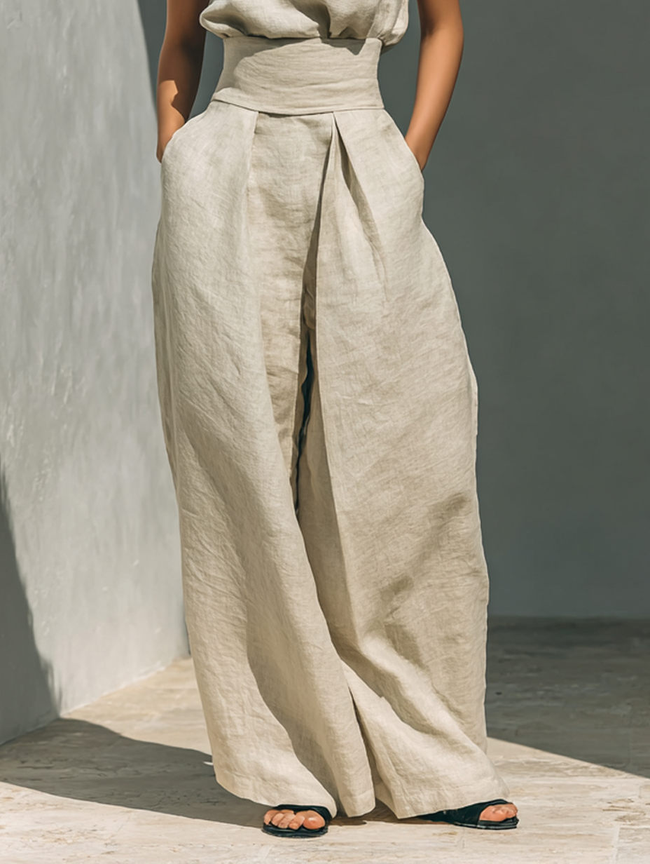 Asia - Conjunto minimalista de tirantes y pantalones anchos de algodón y lino