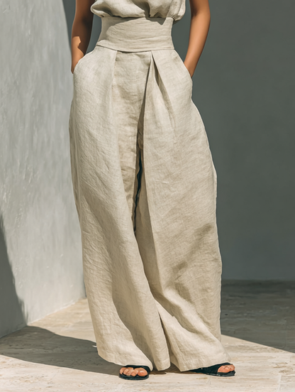 Asia - Conjunto minimalista de tirantes y pantalones anchos de algodón y lino
