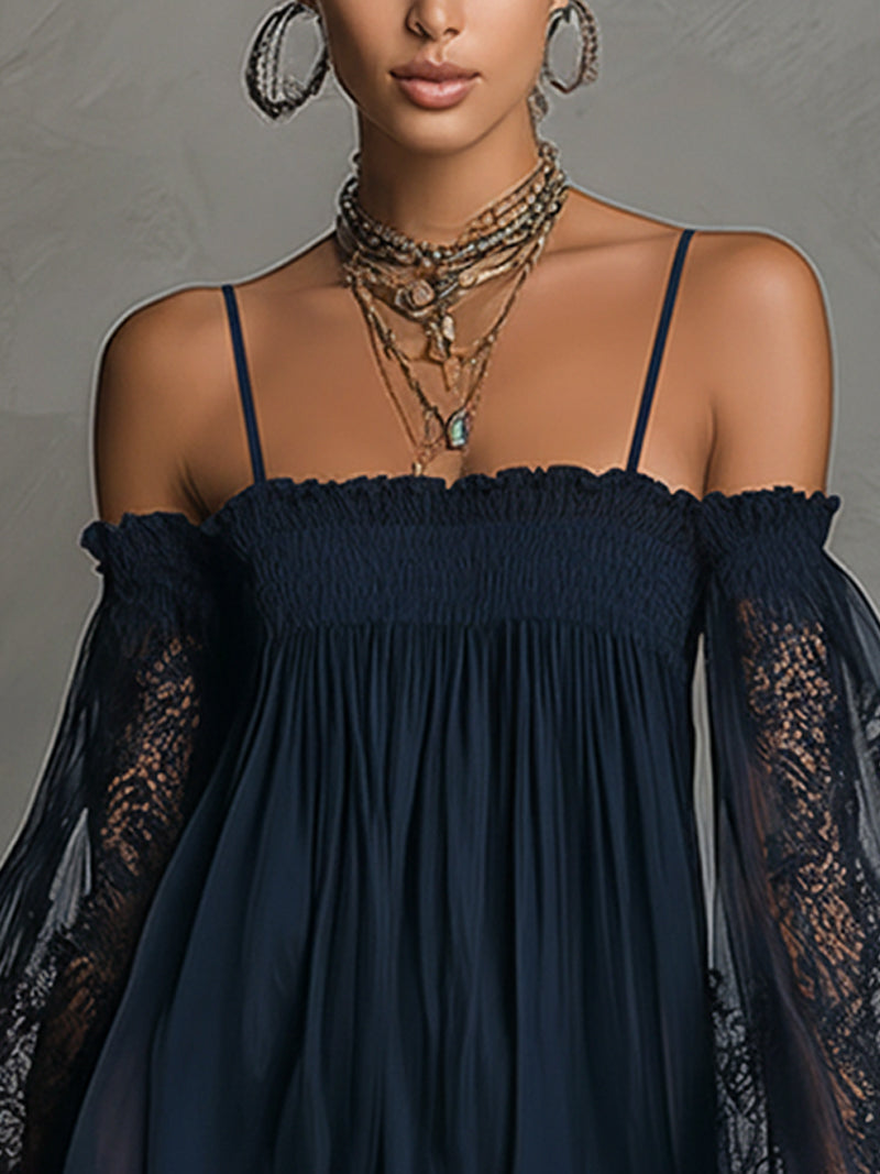 Noemí - Robe courte en mousseline bleu marine avec décolleté épaules dénudées