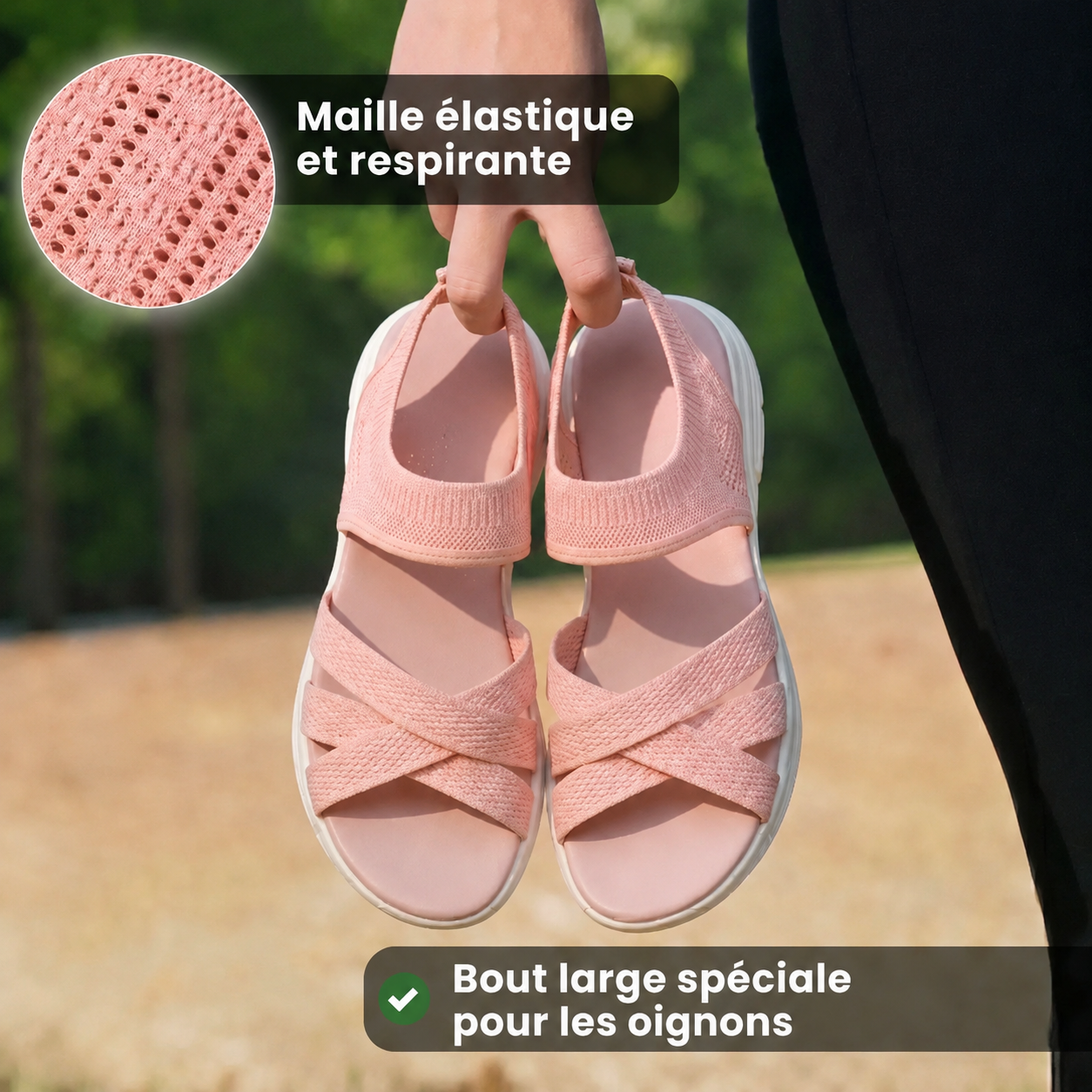 Sandalias ortopédicas rosadas de malla elástica y suela blanca gruesa