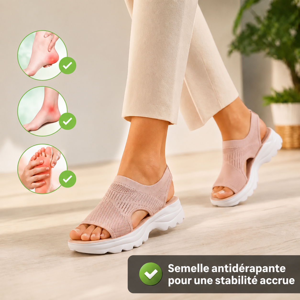 Sandalias ortopédicas antideslizantes rosadas con calcetín, suela blanca dentada