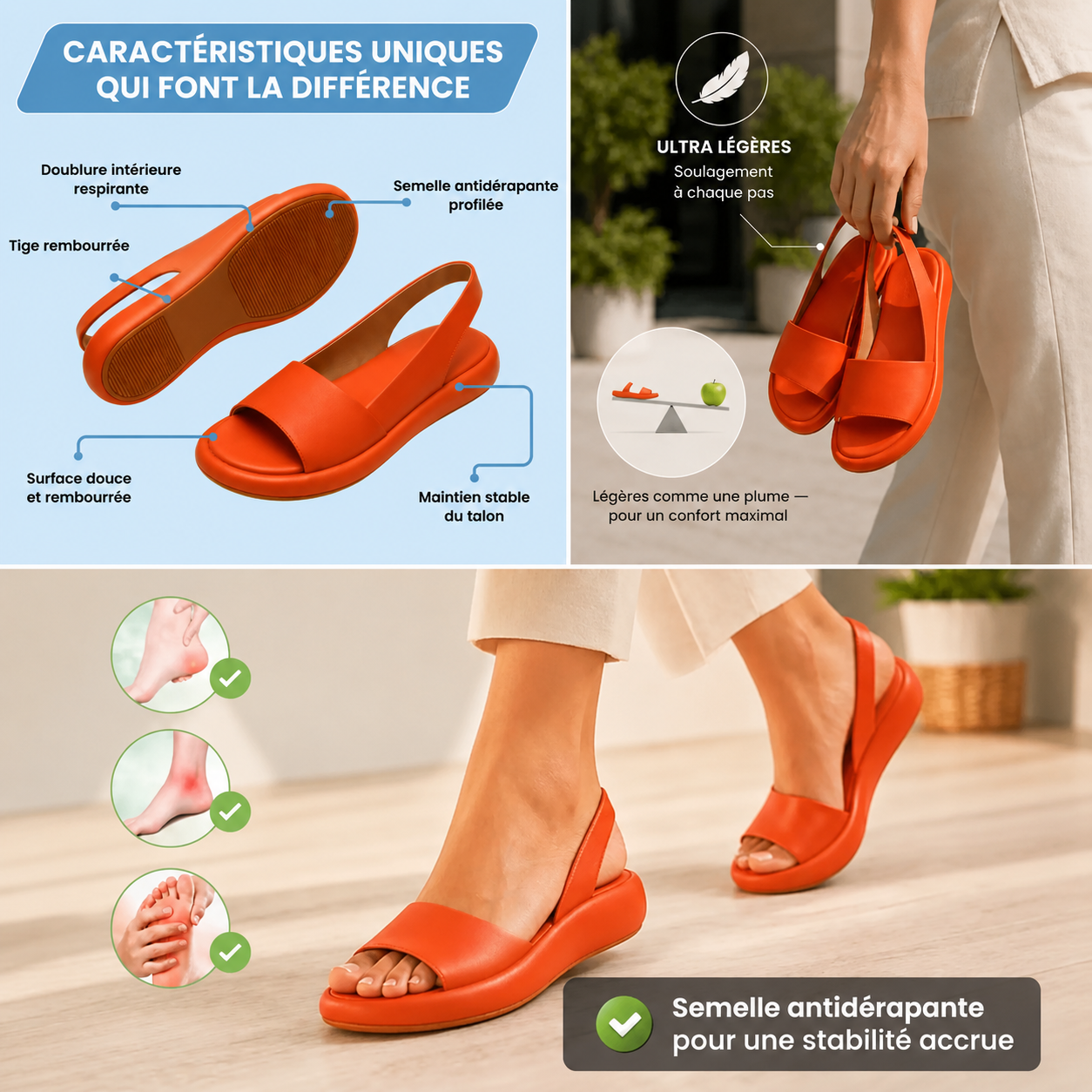 Sandalias ortopédicas cómodas Maria, naranjas, suela antideslizante y plantilla acolchada