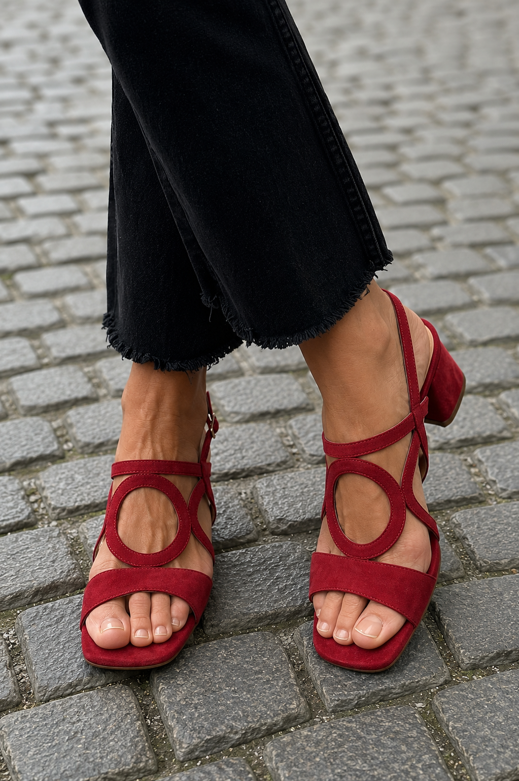 Sandalias de verano de tiras granates con pulsera al tobillo y puntera abierta