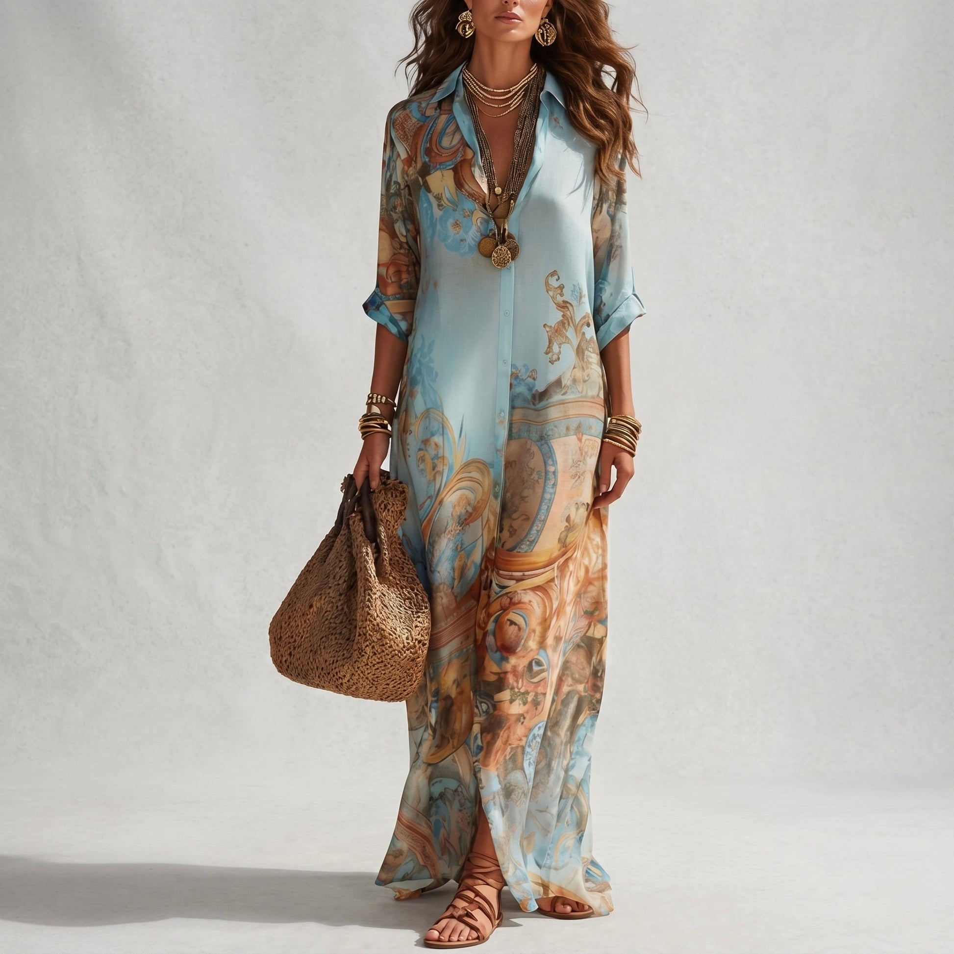 Vestido largo azul con estampado barroco, botones frontales y manga tres cuartos