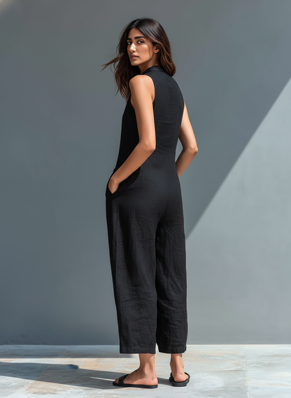 Larson : salopette sans manches de style minimaliste, confectionnée en lin mélangé