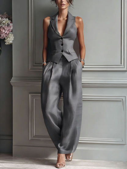 Irina - Ensemble deux pièces pour femme avec col en V et boutons