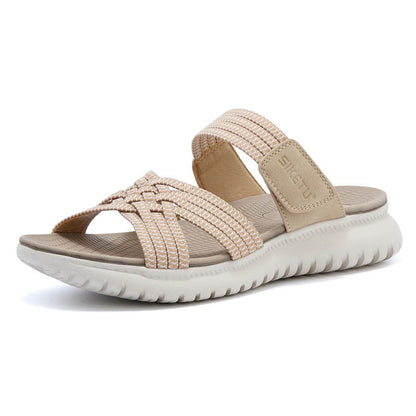 Sandalias ortopédicas cómodas beige, con tiras tejidas y pulsera ajustable