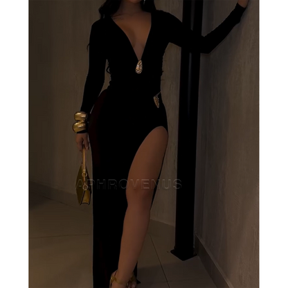 Lara - Elegante maxivestido ajustado con escote en V profundo y mangas largas fruncidas