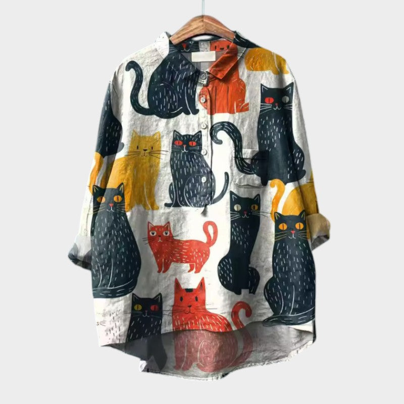 Chemise Liliana - Blouse en lin intemporelle avec des chats colorés