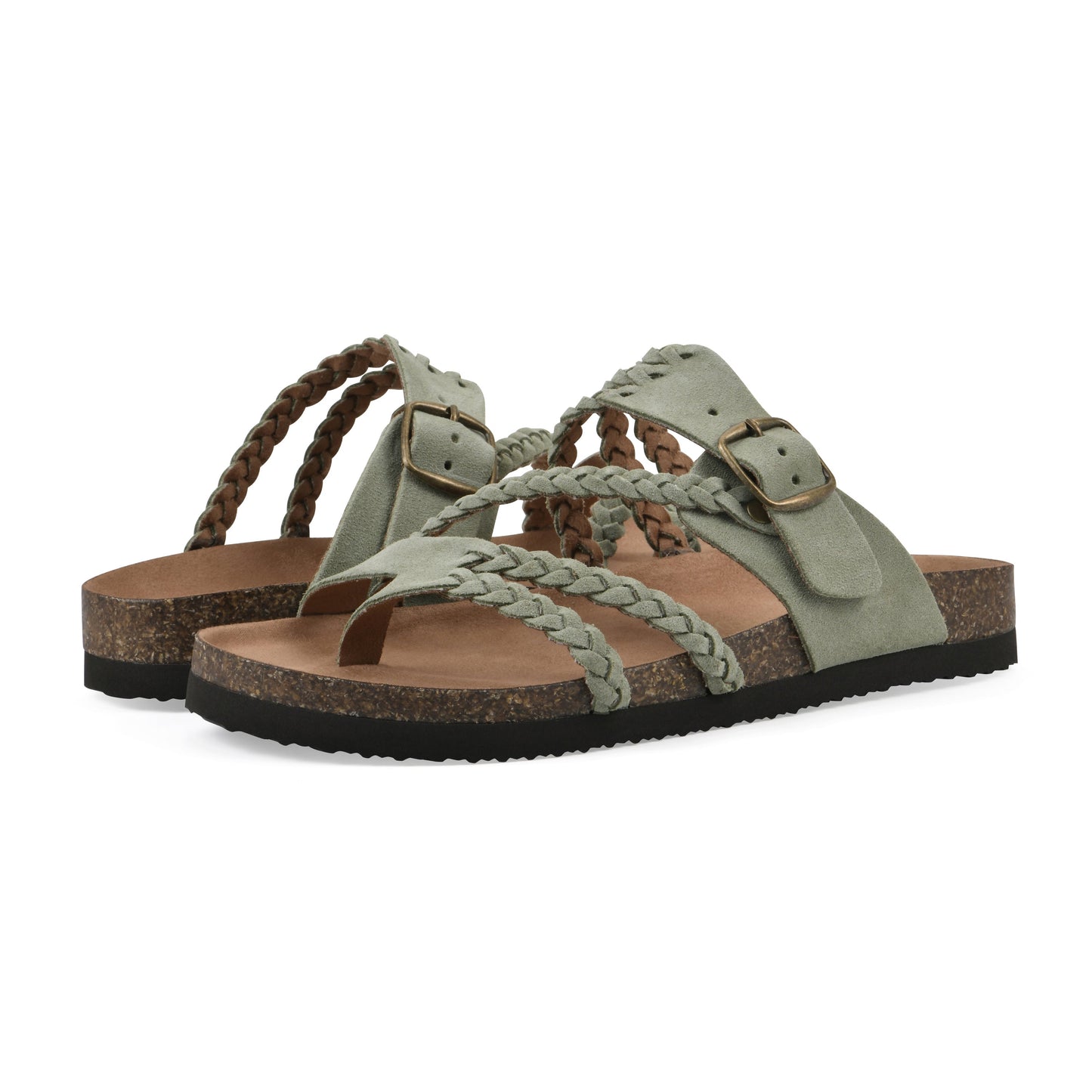 Sandalias anatómicas verde claro con trenzado bicolor y hebilla ajustable.