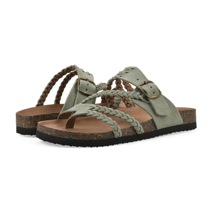 Sandalias anatómicas verde claro con trenzado bicolor y hebilla ajustable.
