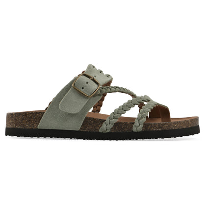 Sandalias anatómicas verde claro con tira trenzada y hebilla metálica ajustable.