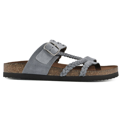 Sandalias anatómicas grises con tira trenzada y hebilla metálica ajustable.