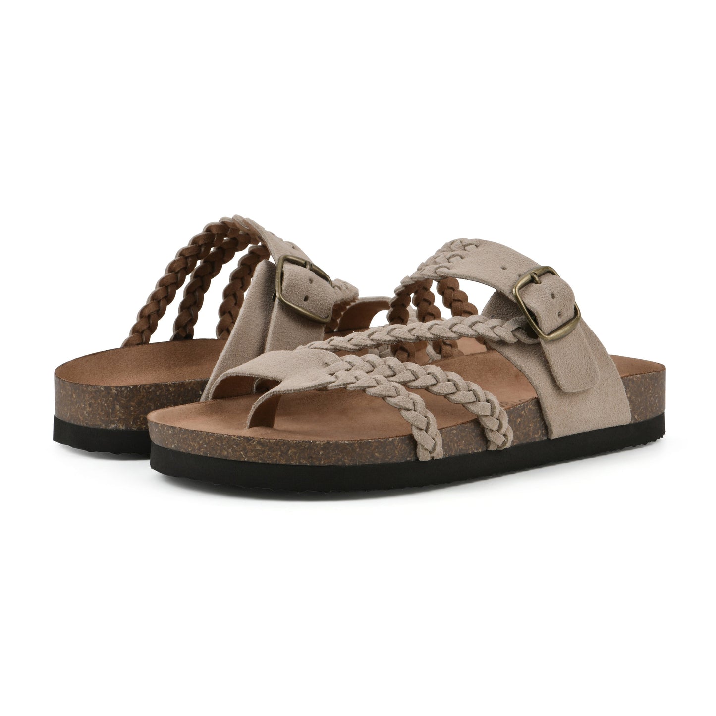 Sandalias ortopédicas beige con correas trenzadas y hebillas metálicas, suela oscura