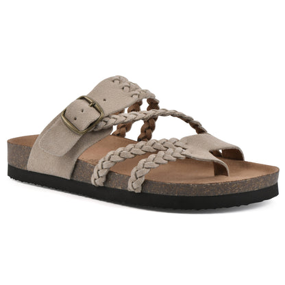 Sandalias ortopédicas beige con trenzado frontal y hebilla, suela de goma negra
