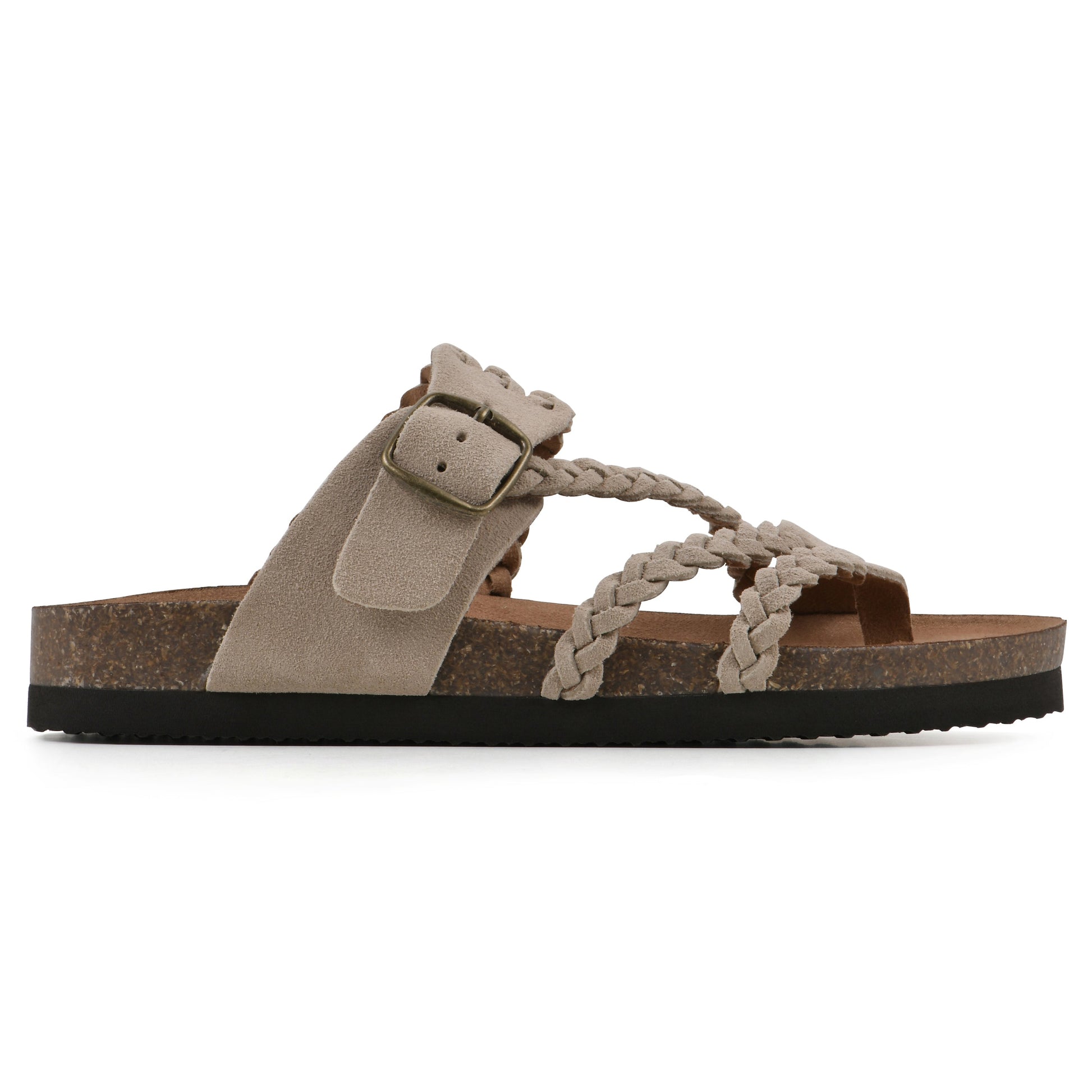 Sandalias ortopédicas beige con tira cruzada trenzada y hebilla, vista lateral