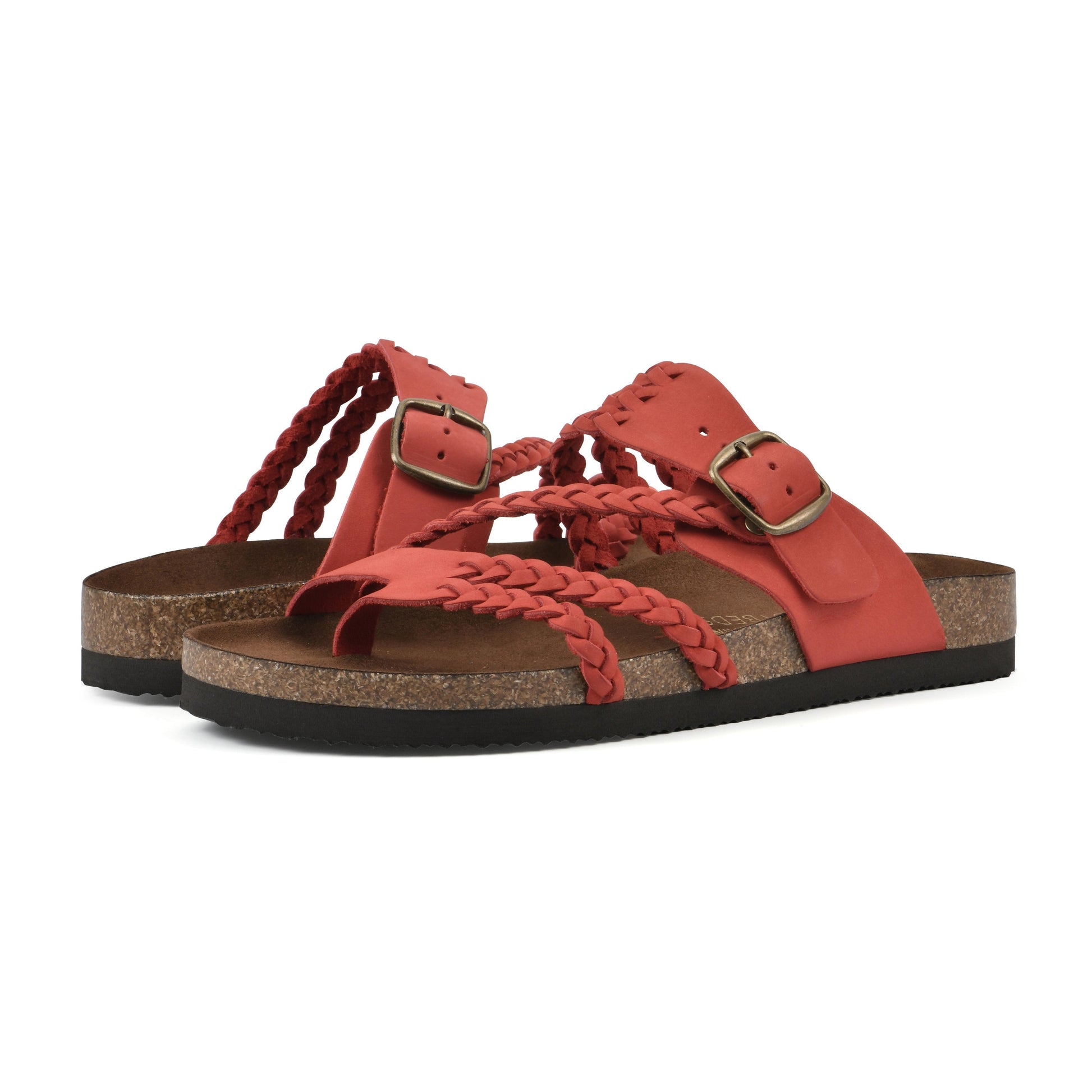Sandalias ortopédicas con correas trenzadas rojo y hebilla, suela de goma