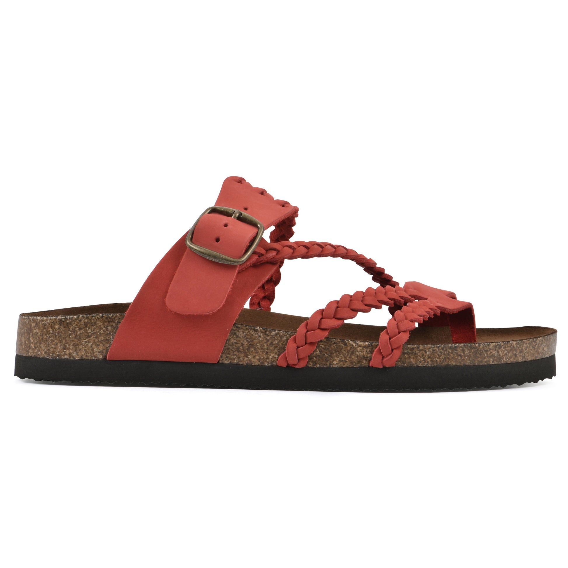 Sandalias ortopédicas rojo con correas trenzadas y hebilla metálica, vista lateral