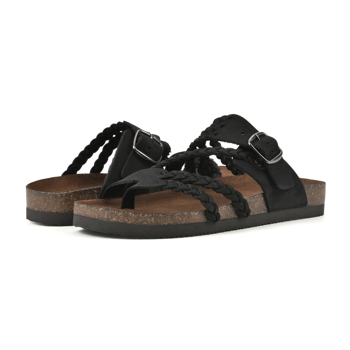 Sandalias ortopédicas Mara con plantilla Comfort negras, dos tiras trenzadas y hebillas