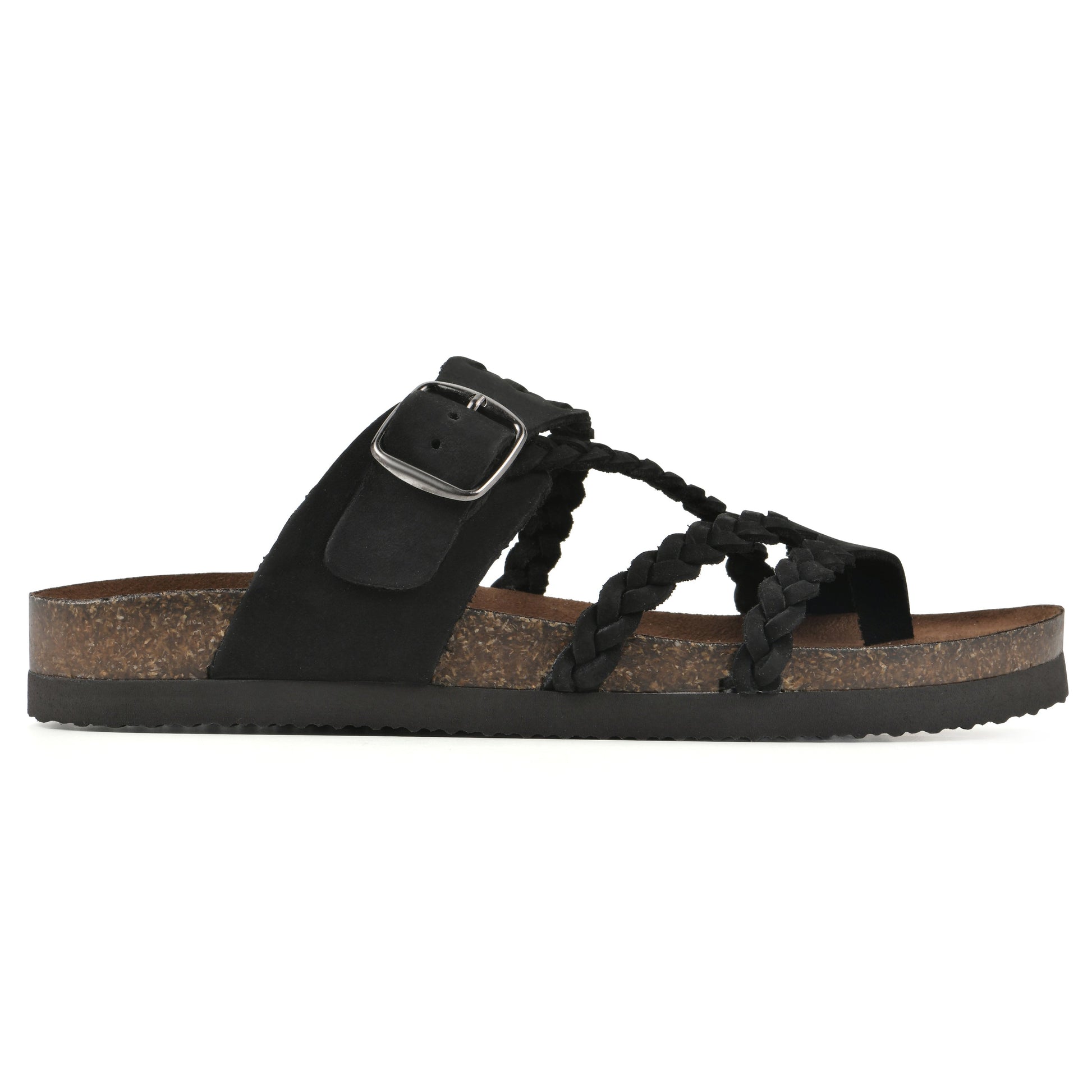 Sandalias anatómicas negras con tiras trenzadas y hebilla metálica ajustable.