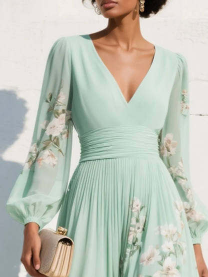Isa - Vestido largo de gasa verde menta con estampado floral