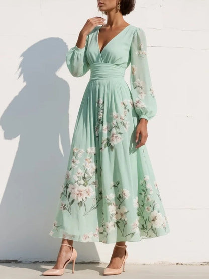Isa - Vestido largo de gasa verde menta con estampado floral