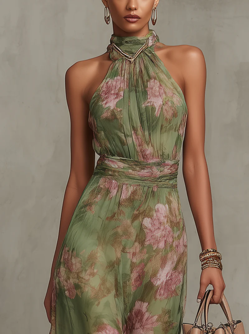 Serena - Robe longue verte à imprimé floral