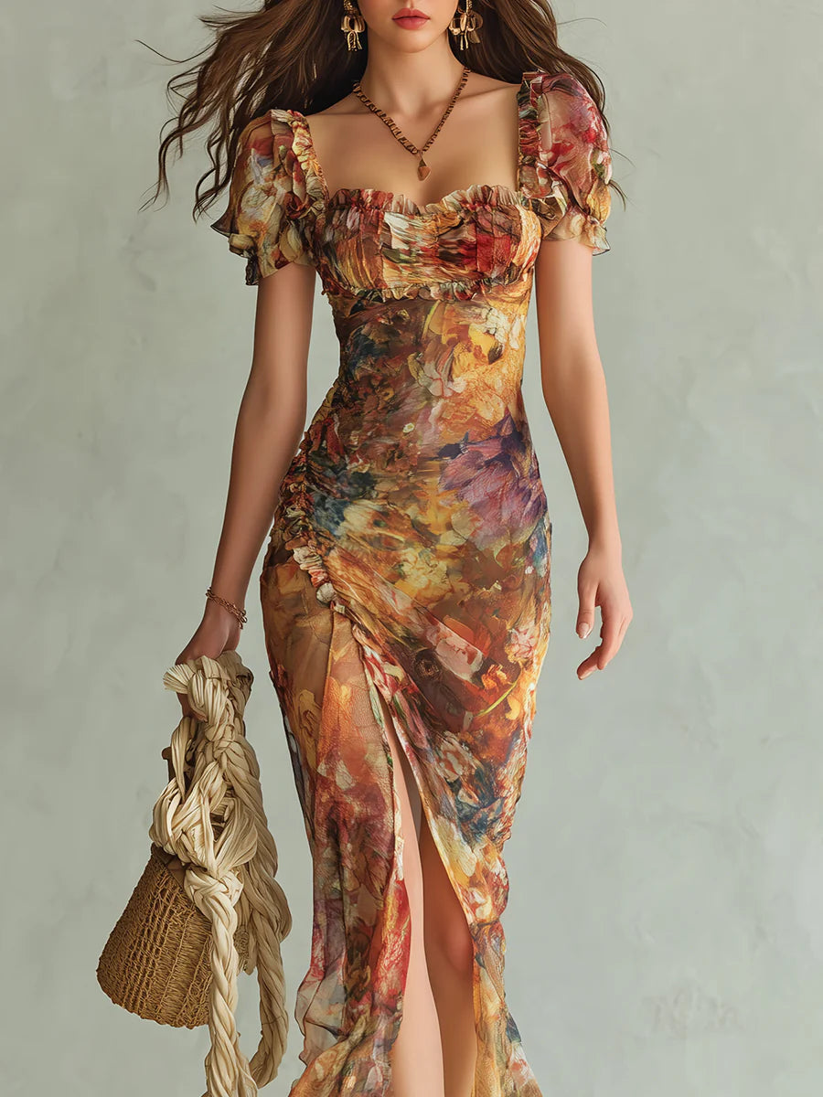 Violeta - Robe longue en mousseline orange à imprimé d'huile de style bohème