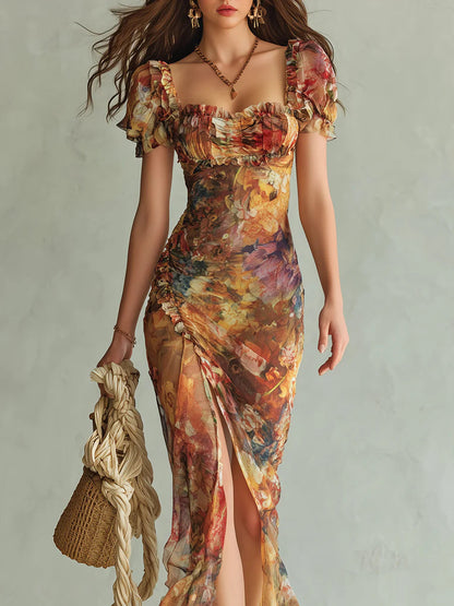 Violeta - Robe longue en mousseline orange à imprimé d'huile de style bohème