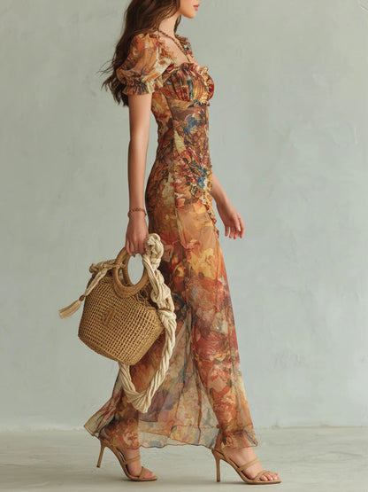 Violeta - Robe longue en mousseline orange à imprimé d'huile de style bohème