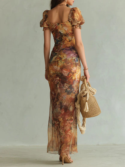 Violeta - Robe longue en mousseline orange à imprimé d'huile de style bohème