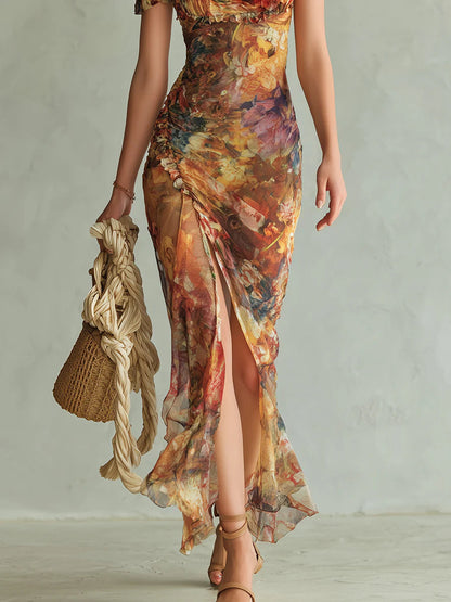 Violeta - Robe longue en mousseline orange à imprimé d'huile de style bohème