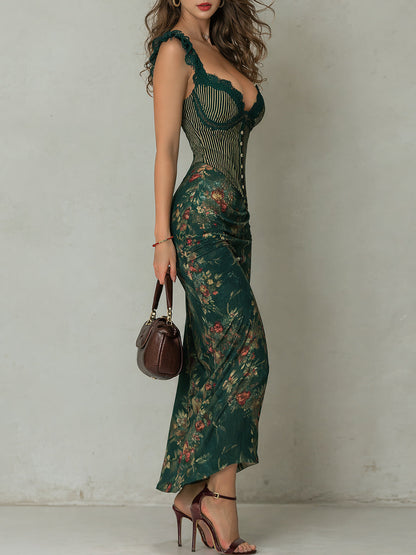 Giorgia - Robe longue imprimée florale et dentelle rétro