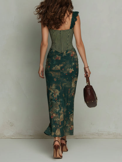 Giorgia - Robe longue imprimée florale et dentelle rétro