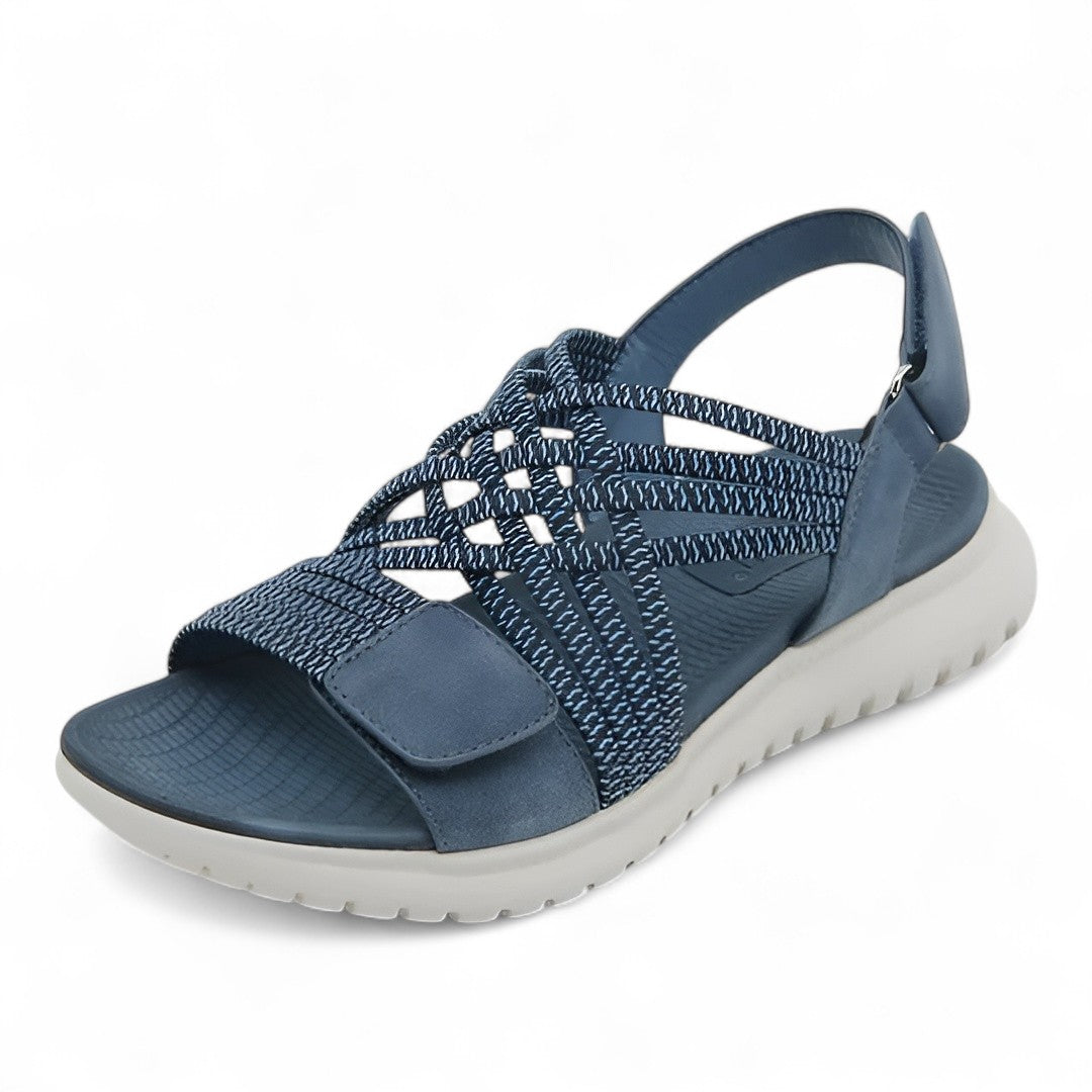 Sandalia ortopédica ergonómica azul con diseño de tiras y cierre de velcro
